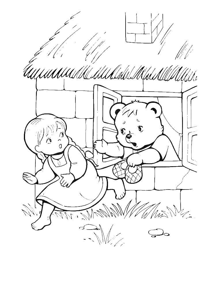 Название: Раскраска Девочка убегает от медведя. Категория: три медведя. Теги: три медведя.