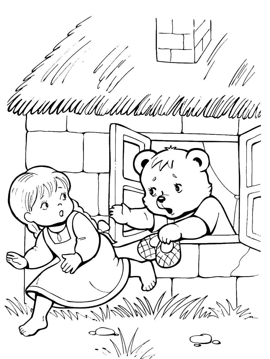 Название: Раскраска Девочка убежала от медведя. Категория: три медведя. Теги: три медведя.