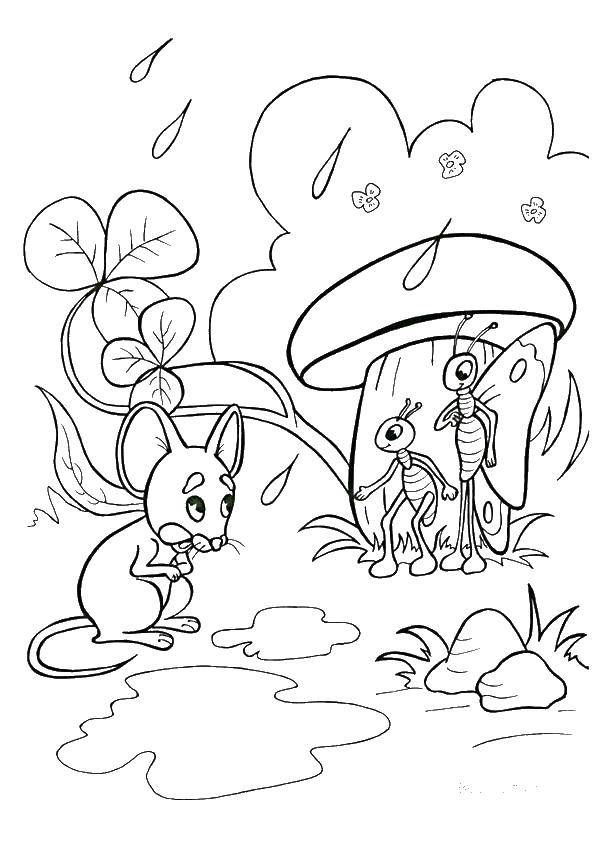 Coloring Insects hiding under the mushroom. Category Fairy tales. Tags:  insects.