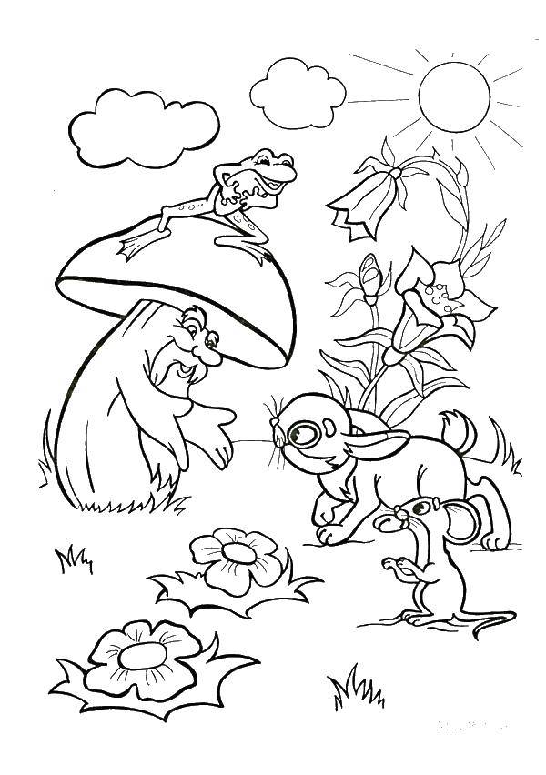 Coloring The animals flee to the mushroom. Category Fairy tales. Tags:  animals, mushrooms.