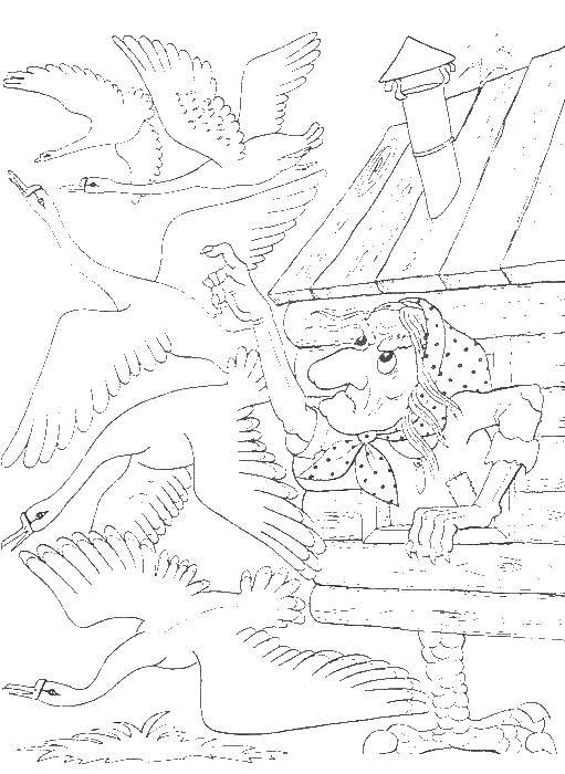 Coloring Baba Yaga in the hut on chicken legs. Category geese, swans. Tags:  geese, swans.