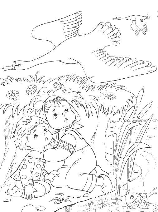 Название: Раскраска Девочка с братиком спрятались от гусей. Категория: гуси лебеди. Теги: гуси лебеди.