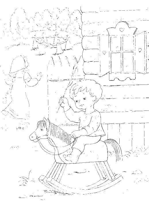 Название: Раскраска Мальчик катается на коне. Категория: гуси лебеди. Теги: гуси лебеди.