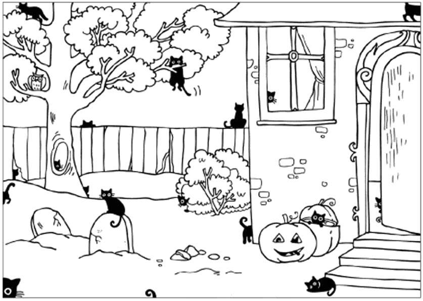 Coloring Black cats on Halloween. Category Halloween. Tags:  Halloween, pumpkin, cat.