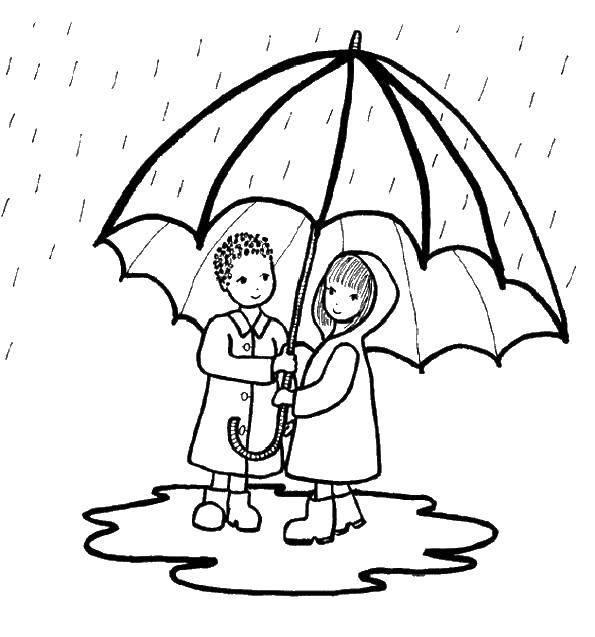 Название: Раскраска Дети под зонтом в дождь. Категория: осень. Теги: Осень, дождь, дети.