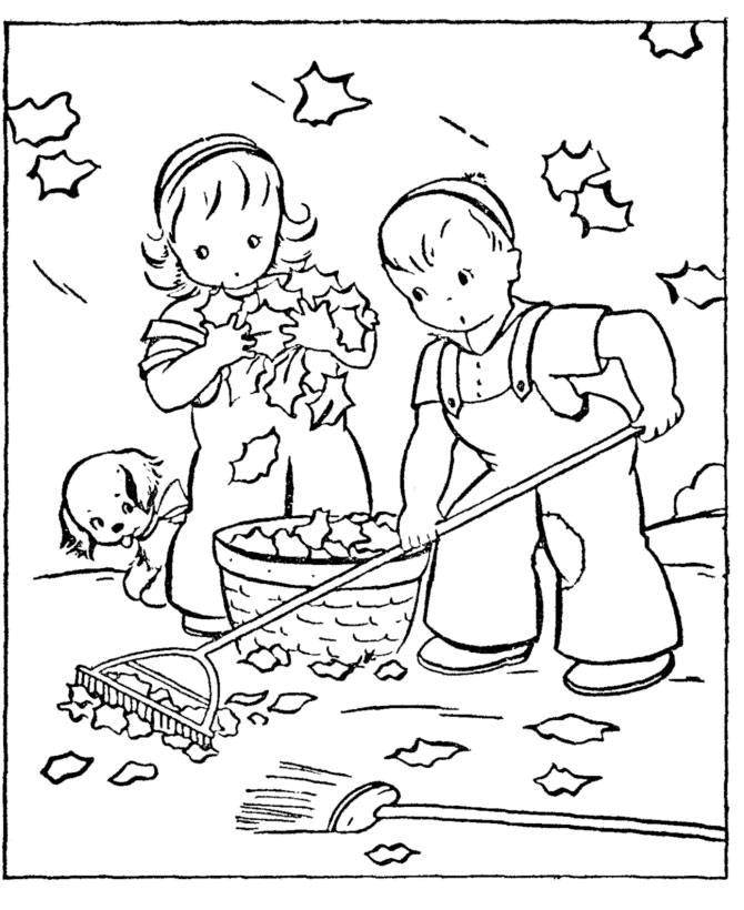 Название: Раскраска Осенняя уборка листьев. Категория: осень. Теги: Дети, осень, листья, веселье, лес.