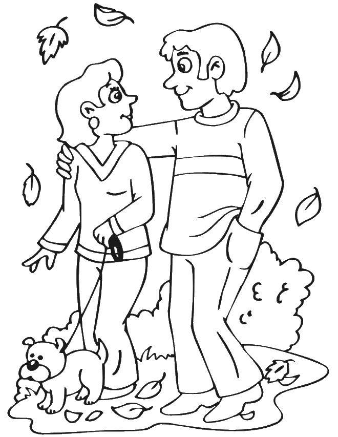 Coloring Couple walking in autumn forest. Category autumn. Tags:  autumn, wind, leaves, forest, love.