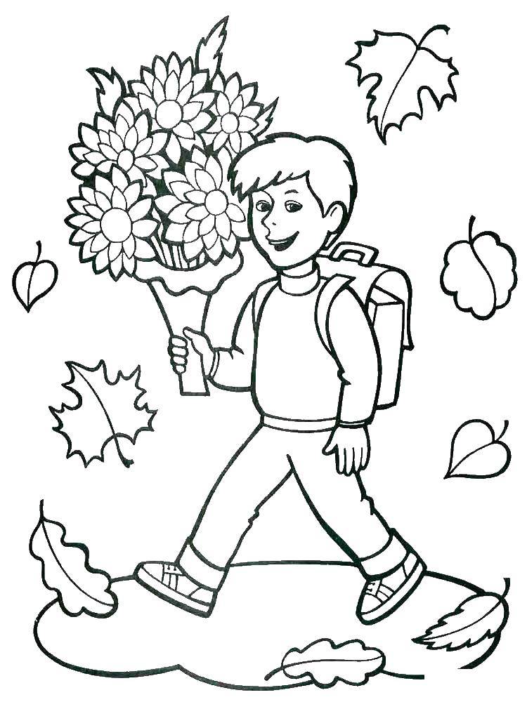 Розмальовки  Учень несе квіти вчительці. Завантажити розмальовку Хлопчик, квіти.  Роздрукувати ,осінь,