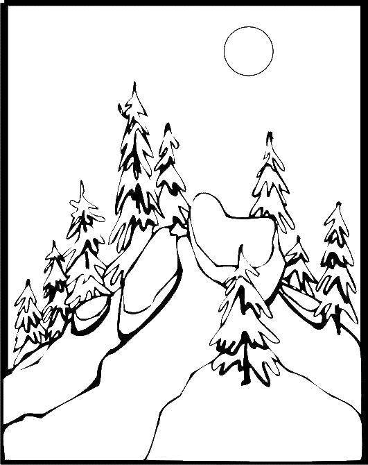 Розмальовки  Зимовий ліс у горах. Завантажити розмальовку Зима, ліс, гори, сніг.  Роздрукувати ,зима,