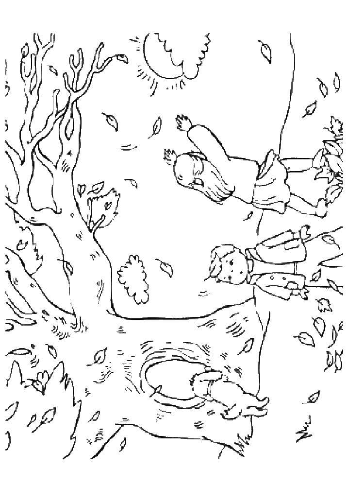 Название: Раскраска Дети играют с опавшими листьями. Категория: осень. Теги: листья, дети, дерево.