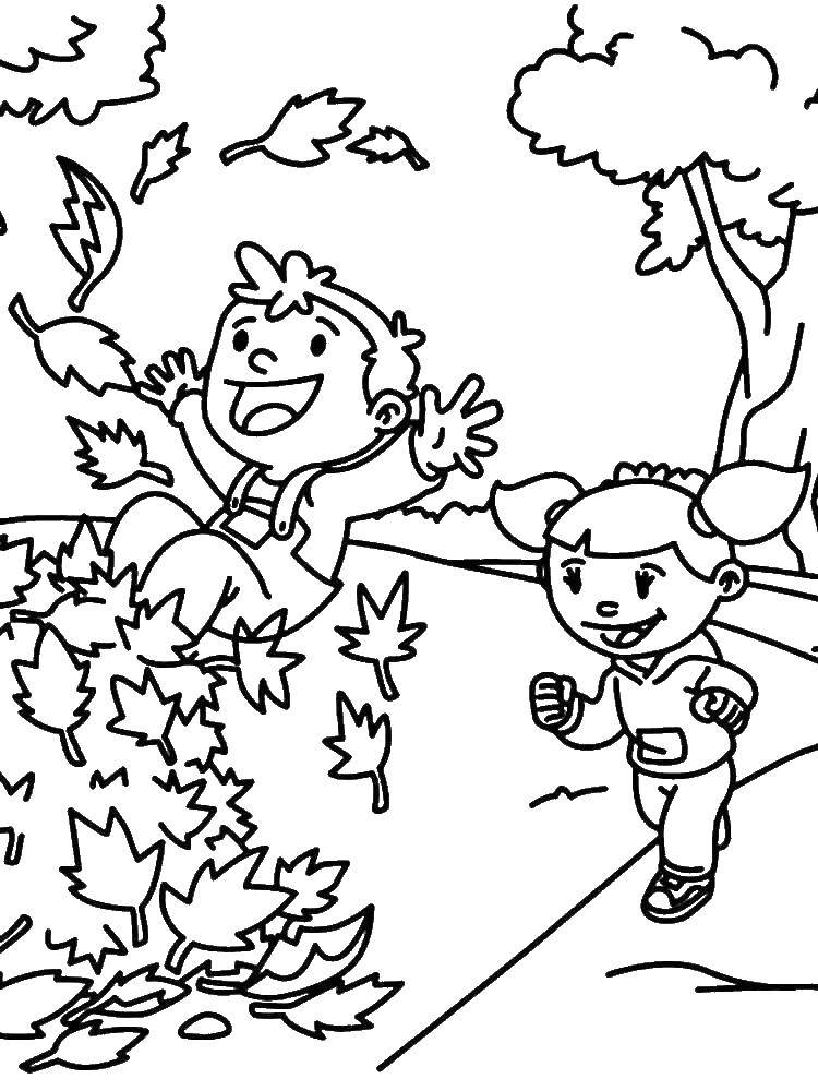 Название: Раскраска Дети играют в осенних листьях. Категория: осень. Теги: Дети, осень, листья, веселье, лес.