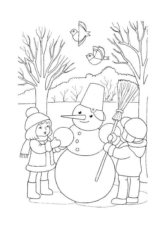 Название: Раскраска Дети лепят снеговика. Категория: зима. Теги: зима, снеговик, дети.