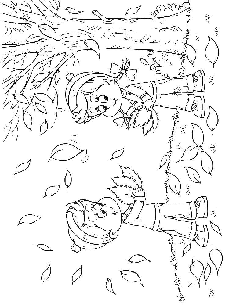 Название: Раскраска Дети собирают лисья. Категория: осень. Теги: листья, дети.