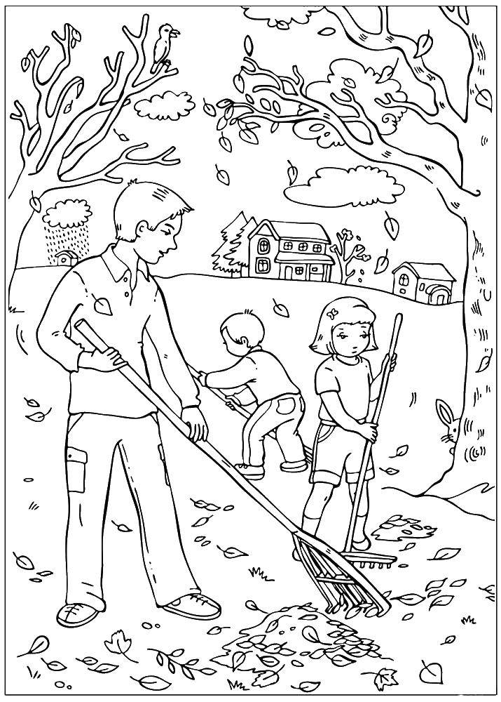 Название: Раскраска Дети убирают листья. Категория: осень. Теги: листья, дерево, дети.
