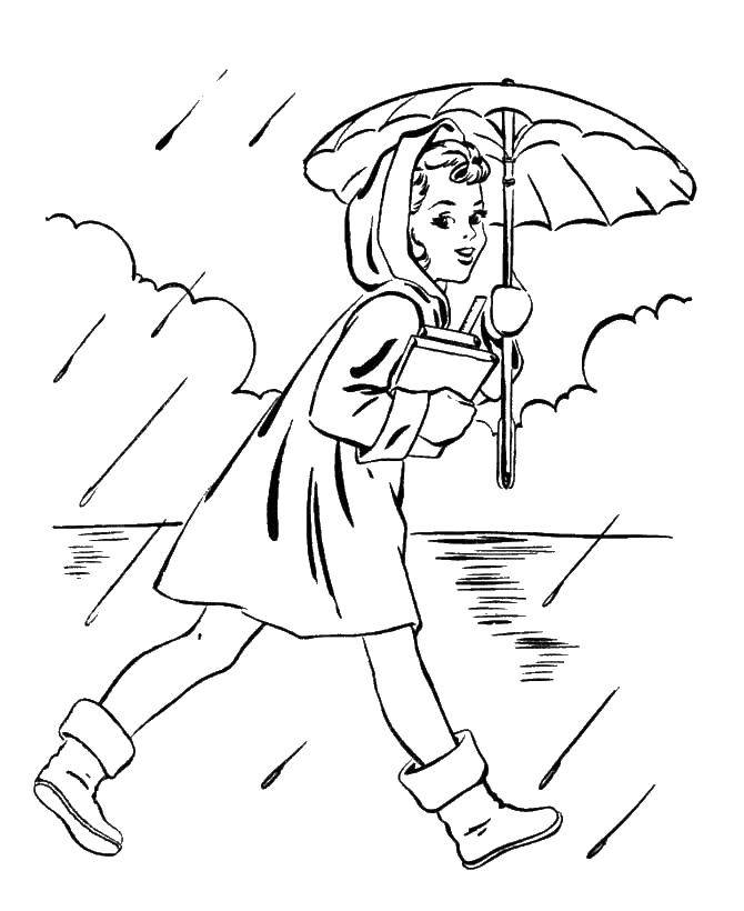 Название: Раскраска Девочка с зонтиком под дождем. Категория: осень. Теги: девочка, зонтик.