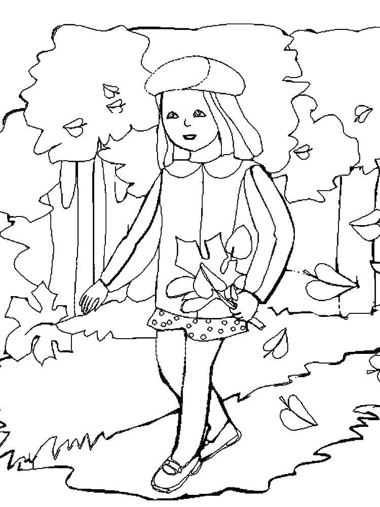 Название: Раскраска Девочка собирает листья. Категория: осень. Теги: девочка, листья.