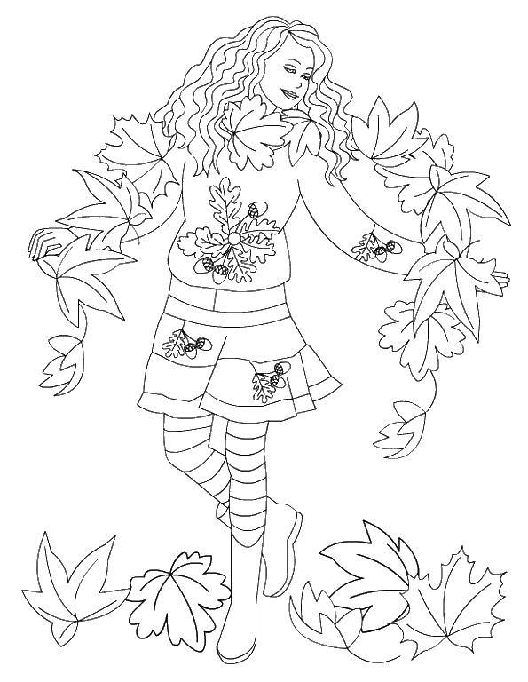 Название: Раскраска Девушка собирает листья. Категория: осень. Теги: девочка, листья.