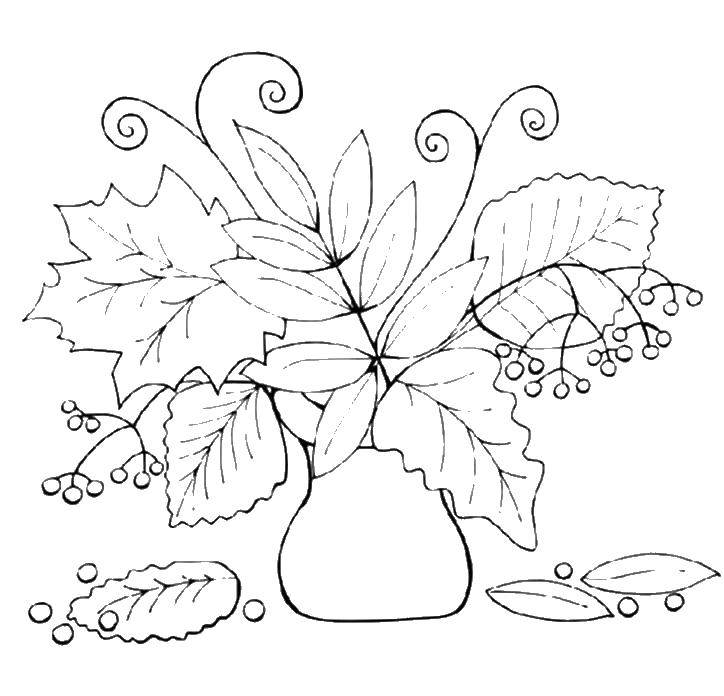 Название: Раскраска Листья и цветы в вазе. Категория: осень. Теги: ваза, цветы.
