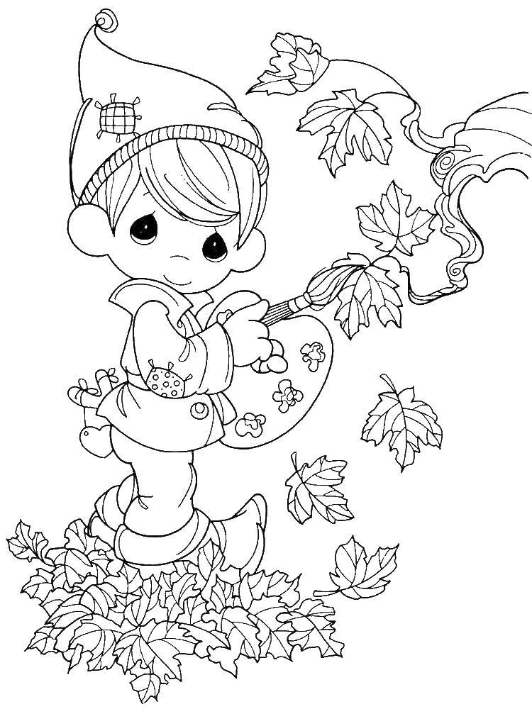 Название: Раскраска Мальчик красит листья. Категория: осень. Теги: Мальчик, цветы.