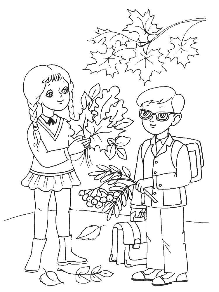Coloring Students collect leaves. Category autumn. Tags:  leaves, children.