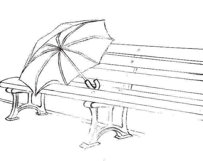 Название: Раскраска Зонтик лежит на скамейке. Категория: осень. Теги: зонтик, скамейка.