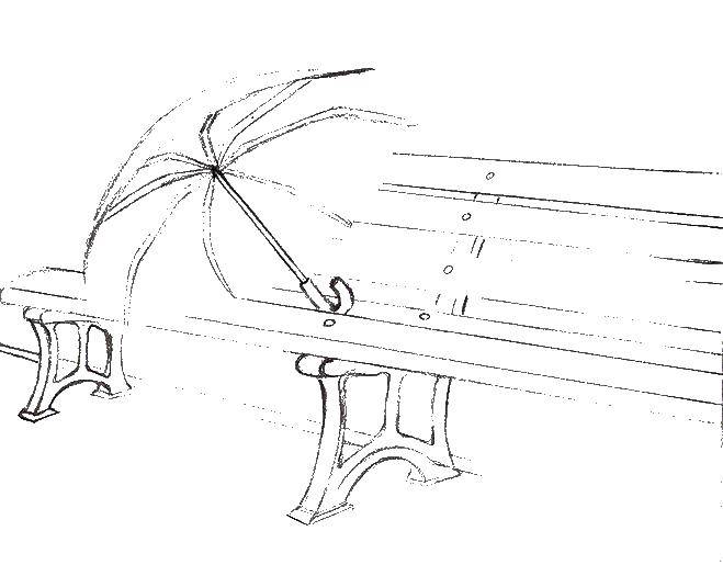 Название: Раскраска Зонтик на скамейке. Категория: осень. Теги: зонтик, скамейка.