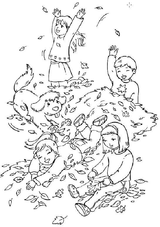 Название: Раскраска Дети играют с листьями. Категория: осень. Теги: дети, листья.