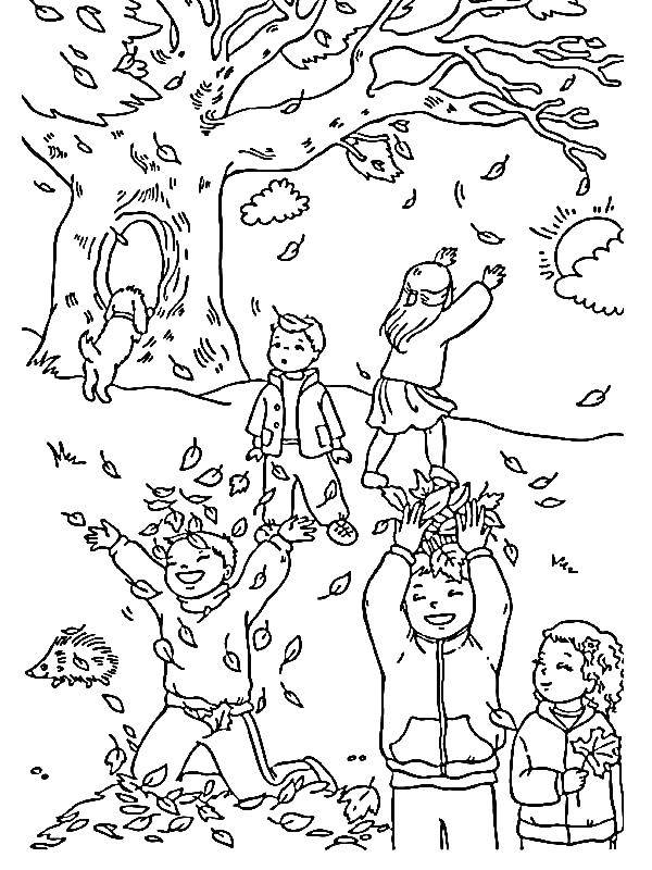 Название: Раскраска Дети играют с листьями. Категория: осень. Теги: листья, дети.