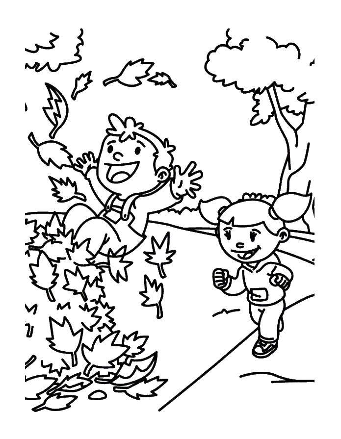Название: Раскраска Дети играют в осенних листьях. Категория: осень. Теги: Дети, осень, листья, веселье.