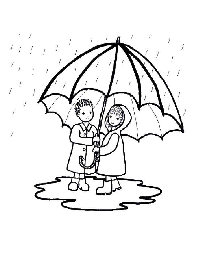 Название: Раскраска Дети под зонтом в дождь. Категория: осень. Теги: Осень, дождь, дети.