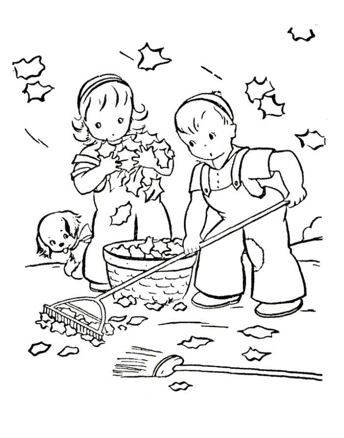 Название: Раскраска Дети убирают осенние листья. Категория: дети. Теги: Дети, осень, листья, веселье, лес.