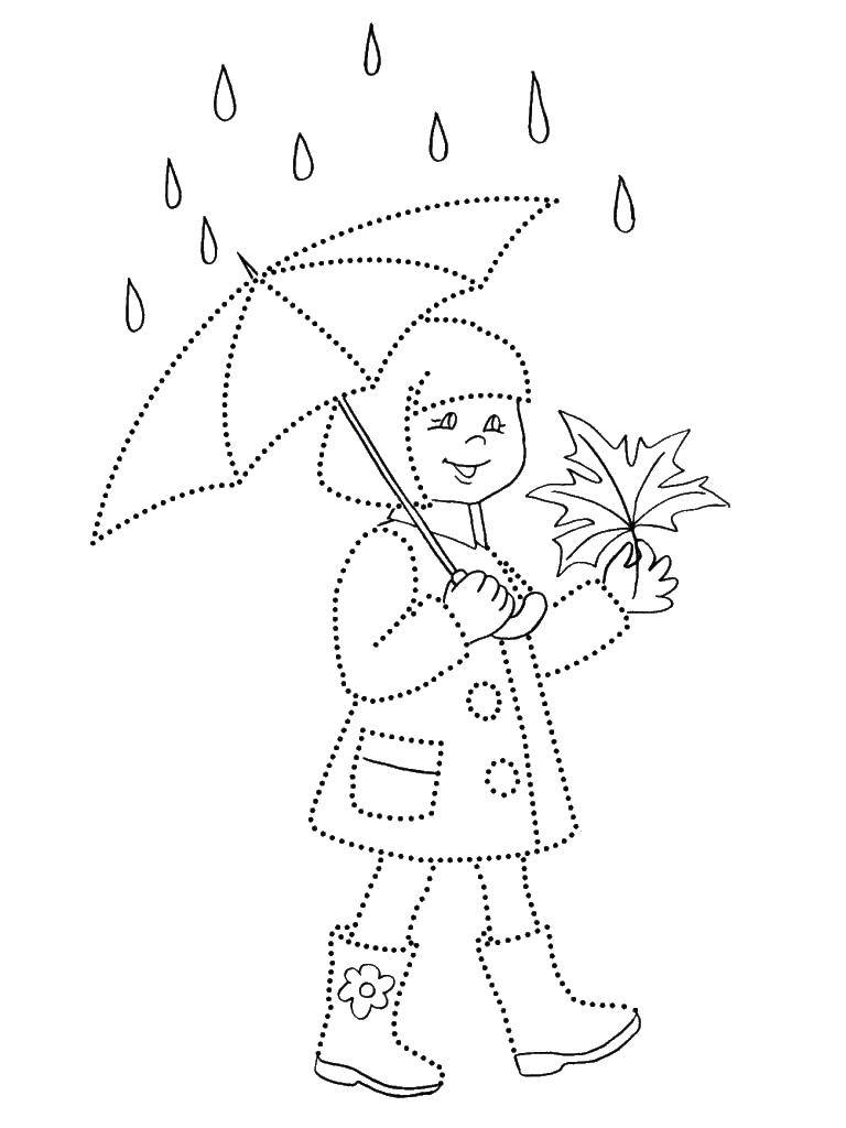 Coloring Girl walking under an umbrella. Category autumn. Tags:  children, rain.