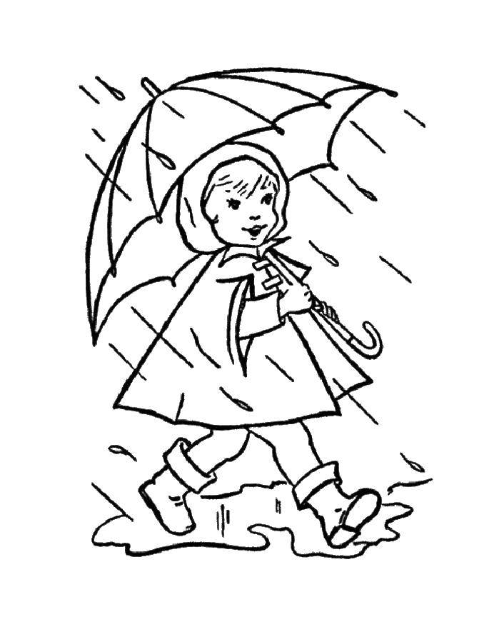 Название: Раскраска Девочка под зонтиком. Категория: осень. Теги: Осень, дождь, дети.
