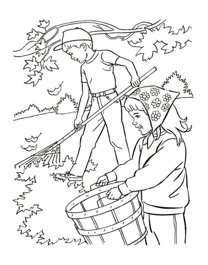 Coloring Autumn cleaning of leaves. Category autumn. Tags:  Autumn, leaves, children.