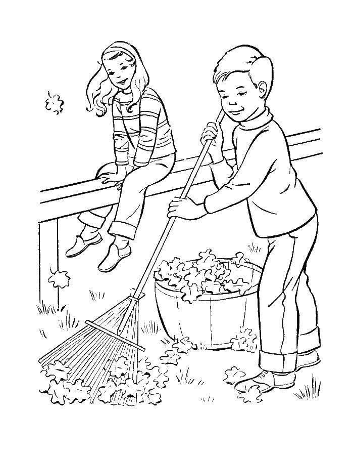 Coloring Cleaning autumn leaves. Category autumn. Tags:  Autumn, leaves, children.