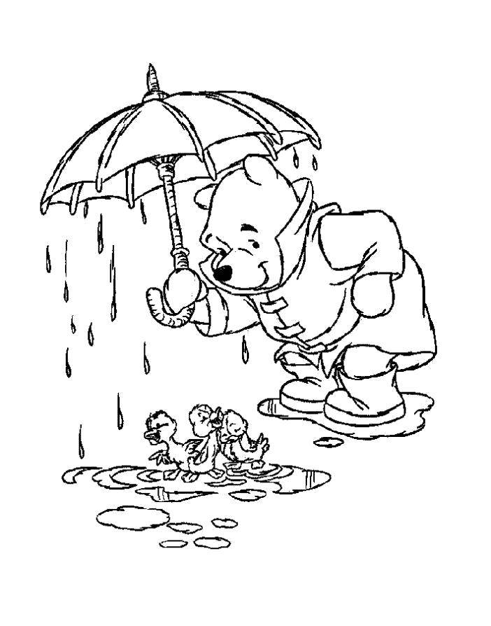 Название: Раскраска Винни защищает уточек от дождя. Категория: Персонаж из мультфильма. Теги: Персонаж из мультфильма, Винни Пух.