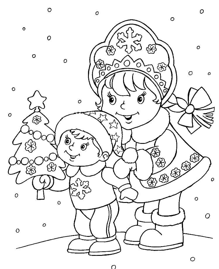 Розмальовки  Снігуронька у красивому вбранні. Завантажити розмальовку Новий Рік, Дід Мороз, подарунки, Снігуронька.  Роздрукувати ,новий рік,
