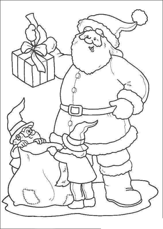 Название: Раскраска Дед мороз собирает подарки. Категория: новый год. Теги: дедмороз, снеговик, снегурочка.