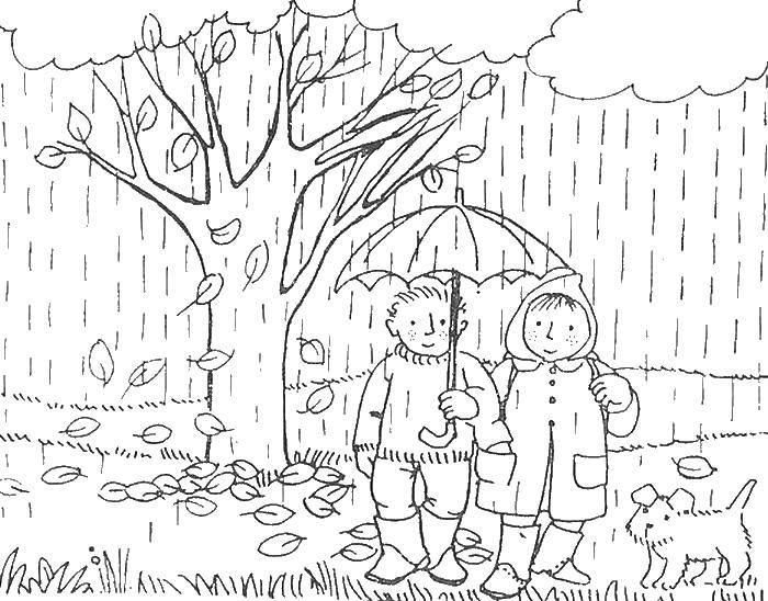 Название: Раскраска Дети идут под дождем. Категория: осень. Теги: дети, дождь.