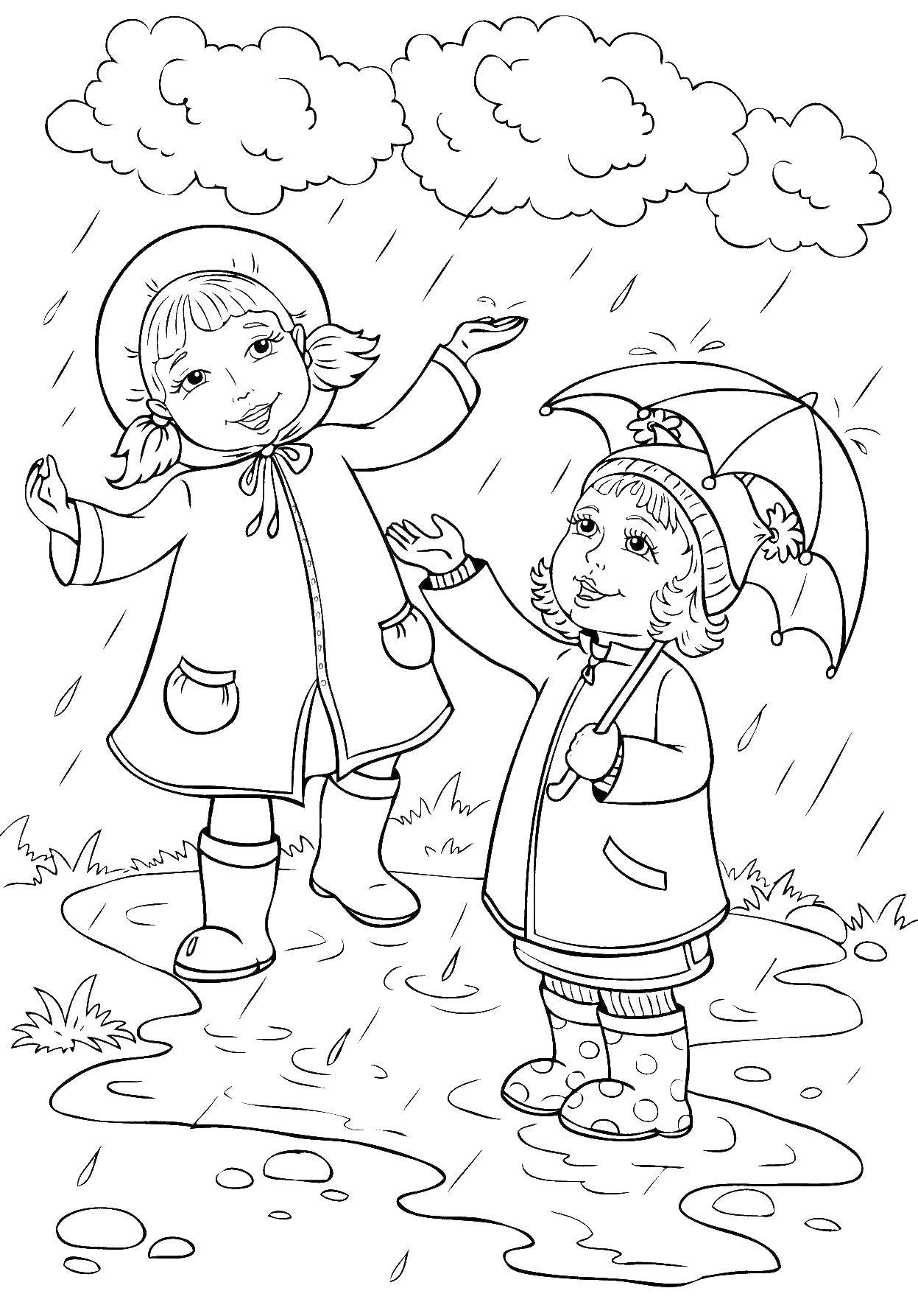 Coloring Children playing in the rain. Category autumn. Tags:  rain, umbrella.