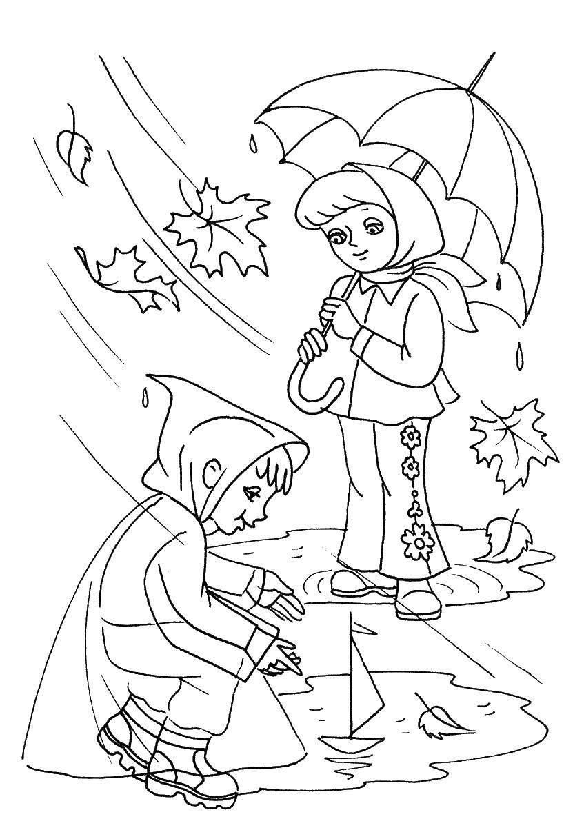 Название: Раскраска Дети играют под дождем. Категория: осень. Теги: дети, дождь.