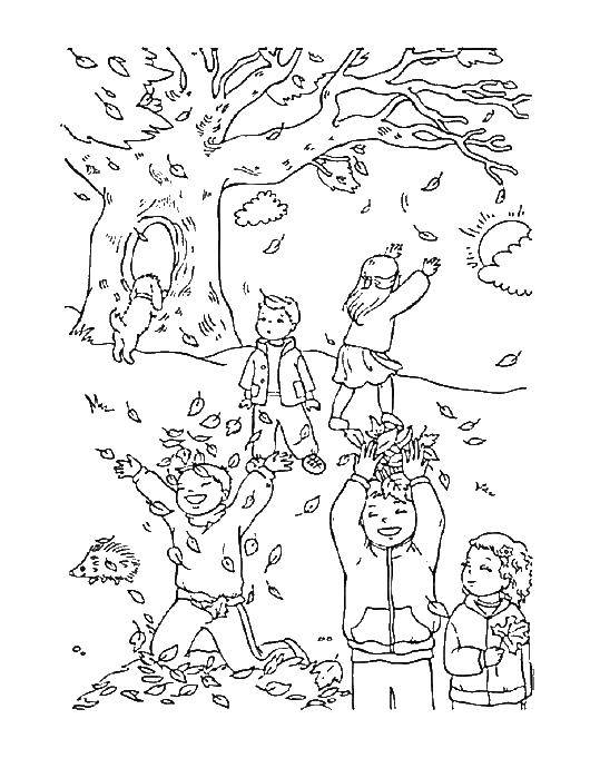 Название: Раскраска Дети играют с листьями. Категория: осень. Теги: дети, листья.