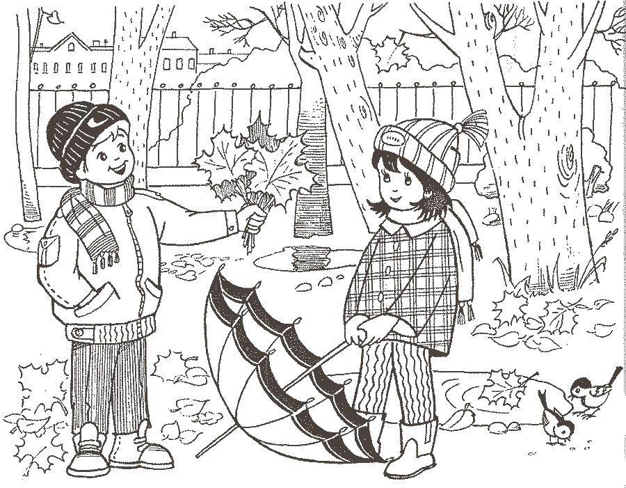 Coloring Children collect leaves. Category autumn. Tags:  leaves, children.
