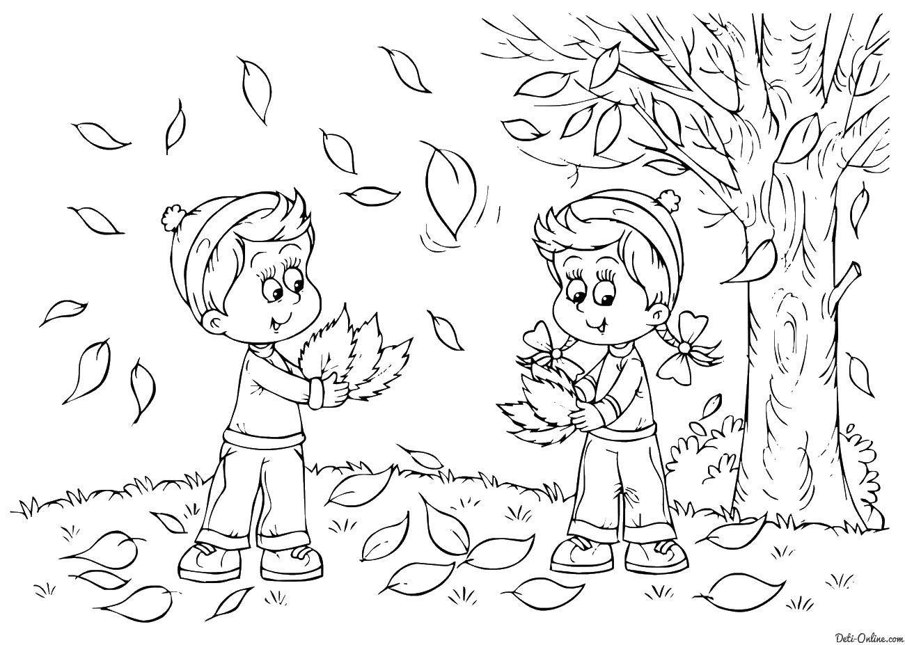Название: Раскраска Дети собирают листья. Категория: осень. Теги: листья, дети.