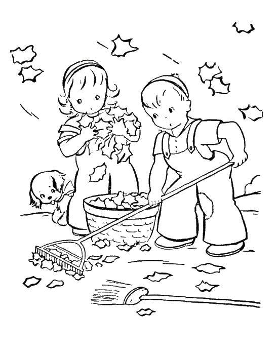 Название: Раскраска Дети собирают листья. Категория: осень. Теги: дети, листья.