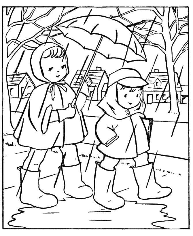 Название: Раскраска Дети в резиновых сапогах идет под дождем с зонтиком. Категория: осень. Теги: дети, резиновые запоги, зонт, дождь.