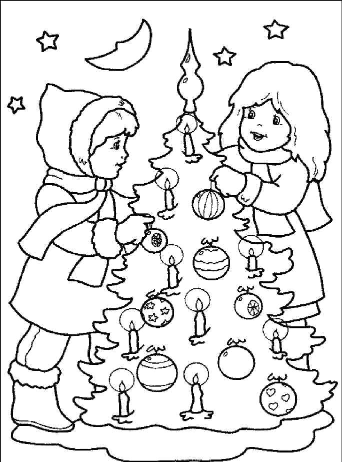 Название: Раскраска Детки украшают ёлку к рождеству. Категория: новый год. Теги: Рождество, ёлочная игрушка, ёлка, подарки.