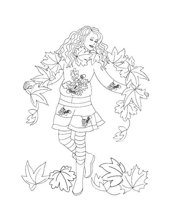 Название: Раскраска Девочка с листьями. Категория: осень. Теги: девочка, цветы.