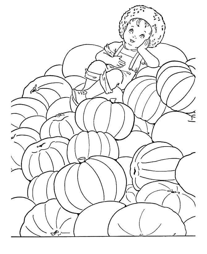Название: Раскраска Девочка сидит на тыкве. Категория: осень. Теги: девочка, тыква.