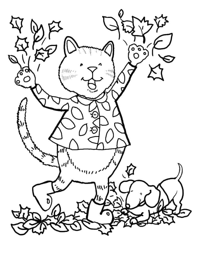 Название: Раскраска Кот и собака играют с листьями. Категория: осень. Теги: кот, собака, листья.